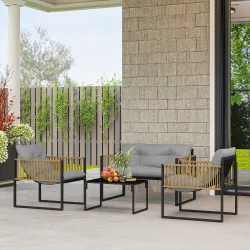 Conjunto de Jardín de 4 Piezas con Sofá Sillones y Mesa de Ratán Sintético Cojines Cómodos y Resistente a Rayos UV - Ogal.Es