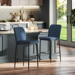 Set de 2 Taburetes Altos con Tapizado Aterciopelado y Patas de Acero para Cocina Comedor Barra 41x52x97 cm Azul - Ogal.Es