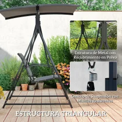 Columpio de Jardín de 2 Plazas con Toldo Ajustable y Estructura Triangular de Metal Carga 220 kg 160x112x162 cm ... - Ogal.Es