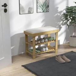 Banco Zapatero de Bambú con Cojín Zapatero de 2 Niveles para Entrada Pasillo o Dormitorio 60x29x49 cm Crema - Ogal.Es