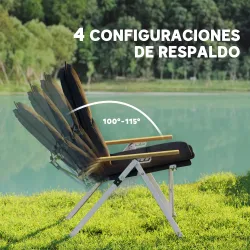 Sillas de Camping Plegables de Aluminio con Respaldo Alto Ajustable Reposabrazos de Madera 59x67x96 cm Negro - Ogal.Es