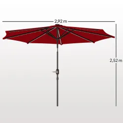 Sombrilla de Jardín Ø292x252 cm con Luces LED Solares Inclinación Ajustable y Manivela para Patio Terraza Burdeos - Ogal.Es