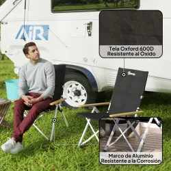 Sillas de Camping Plegables de Aluminio con Respaldo Alto Ajustable Reposabrazos de Madera 59x67x96 cm Negro - Ogal.Es