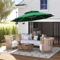 Parasol Excéntrico Ø292 cm con Manivela Giro 360° Inclinación Ajustable Doble Techo y Base Cruzada Verde Oscuro - Ogal.Es