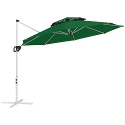 Parasol Excéntrico Ø292 cm con Manivela Giro 360° Inclinación Ajustable Doble Techo y Base Cruzada Verde Oscuro - Ogal.Es