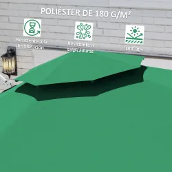 Parasol Excéntrico Ø292 cm con Manivela Giro 360° Inclinación Ajustable Doble Techo y Base Cruzada Verde Oscuro - Ogal.Es