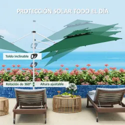 Parasol Excéntrico Ø292 cm con Manivela Giro 360° Inclinación Ajustable Doble Techo y Base Cruzada Verde Oscuro - Ogal.Es