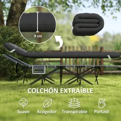 Cama de Camping Plegable con Colchón Extraíble Reposacabezas y Bolsa de Transporte 186x68x37 cm Negro - Ogal.Es