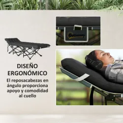 Cama de Camping Plegable con Colchón Extraíble Reposacabezas y Bolsa de Transporte 186x68x37 cm Negro - Ogal.Es
