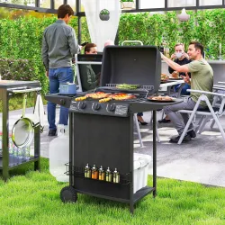 Barbacoa de Gas con 3 Quemadores Quemador Lateral Tapa con Termómetro Parrilla y Mesa Lateral Ruedas 108x54x97 c... - Ogal.Es