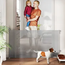 Barrera para Perros Retráctil 0-140 cm Barrera de Seguridad con Interruptor de Cierr para Puertas y Escaleras Gris - Ogal.Es