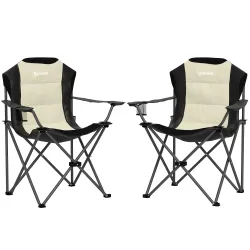Conjunto de 2 Sillas Plegables Camping Acolchado con Respaldo Alto Portavasos y Bolsas de Transporte Crema y Negro - Ogal.Es