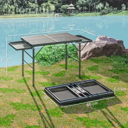 Mesa de Camping Plegable con Laterales Abatibles Altura Ajustable y Encimera Metálica de Rejilla 137x62x67 cm Negro - Ogal.Es