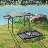 Mesa de Camping Plegable con Laterales Abatibles Altura Ajustable y Encimera Metálica de Rejilla 137x62x67 cm Negro - Ogal.Es