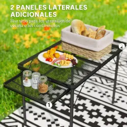 Mesa de Camping Plegable con Laterales Abatibles Altura Ajustable y Encimera Metálica de Rejilla 137x62x67 cm Negro - Ogal.Es
