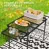Mesa de Camping Plegable con Laterales Abatibles Altura Ajustable y Encimera Metálica de Rejilla 137x62x67 cm Negro - Ogal.Es