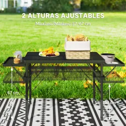 Mesa de Camping Plegable con Laterales Abatibles Altura Ajustable y Encimera Metálica de Rejilla 137x62x67 cm Negro - Ogal.Es