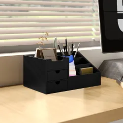 Organizador de Escritorio de Bambú con 2 Cajones 6 Compartimentos y Estante para Oficina Hogar 33x20,5x15,5 cm N... - Ogal.Es