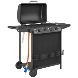 Barbacoa de Gas con 4 Quemadores Quemador Lateral Tapa con Termómetro Parrilla y Mesa Lateral Ruedas 121x54x97 c... - Ogal.Es