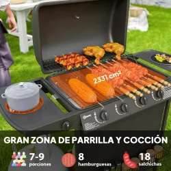 Barbacoa de Gas con 4 Quemadores Quemador Lateral Tapa con Termómetro Parrilla y Mesa Lateral Ruedas 121x54x97 c... - Ogal.Es