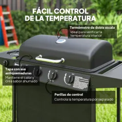 Barbacoa de Gas con 4 Quemadores Quemador Lateral Tapa con Termómetro Parrilla y Mesa Lateral Ruedas 121x54x97 c... - Ogal.Es