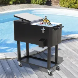 Enfriador de Bebidas de Acero con Ruedas Abridor de Botellas y Drenaje para Exterior Patio y Jardín 75,7 L Negro - Ogal.Es