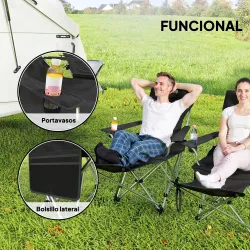 Conjunto de 2 Sillas Plegables Camping con Reposapiés Desmontable Reposacabezas Portavasos y Bolsa 125x48x90 cm ... - Ogal.Es