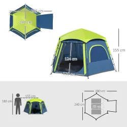 Tienda de Campaña para 4 Personas con Fácil Montaje Protección UV y Bolsa de Transporte 280x240x155 cm Azul - Ogal.Es