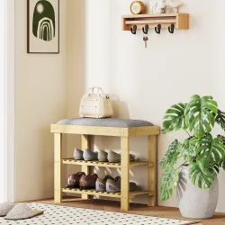 Banco Zapatero de Bambú con Cojín Zapatero de 2 Niveles para Entrada Pasillo o Dormitorio 60x29x49 cm Gris - Ogal.Es