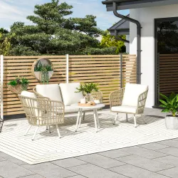 Conjunto de Jardín de 4 Piezas con Sofá Sillones y Mesa de Ratán Sintético Cojines Cómodos y Resistente a Rayos UV - Ogal.Es