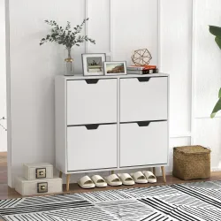 Zapatero Estrecho con 4 Cajones Abatibles y Patas de Madera Mueble Zapatero para 16 Pares 95x26x95 cm Blanco - Ogal.Es