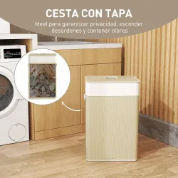 Cesto de Ropa Sucia con Tapa 72L Bolsa Interior Extraíble y Asas para Lavandería Dormitorio 40x30x60 cm Natural - Ogal.Es