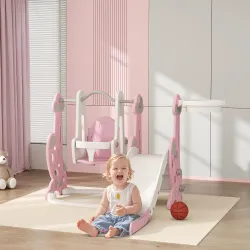 4 en 1 Parque Infantil Interior para +18 Meses Conjunto con Trepador y Canasta con Temática de Cohete Rosa y Blanco - Ogal.Es