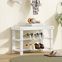 Banco Zapatero de Bambú con Asiento y 2 Estantes para 6 Pares para Entrada Salón Dormitorio 70x28x45 cm Blanco - Ogal.Es