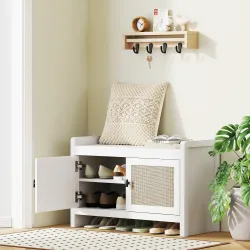 Banco Zapatero con Puertas Frentes de Ratán Balda Extraíble para Entrada o Dormitorio 80x35x52 cm Blanco y Beige - Ogal.Es