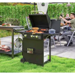 Barbacoa de Gas con 3 Quemadores Parrilla para 5-9 Personas Quemador Lateral Termómetro y Ruedas 123x58x98 cm Negro - Ogal.Es