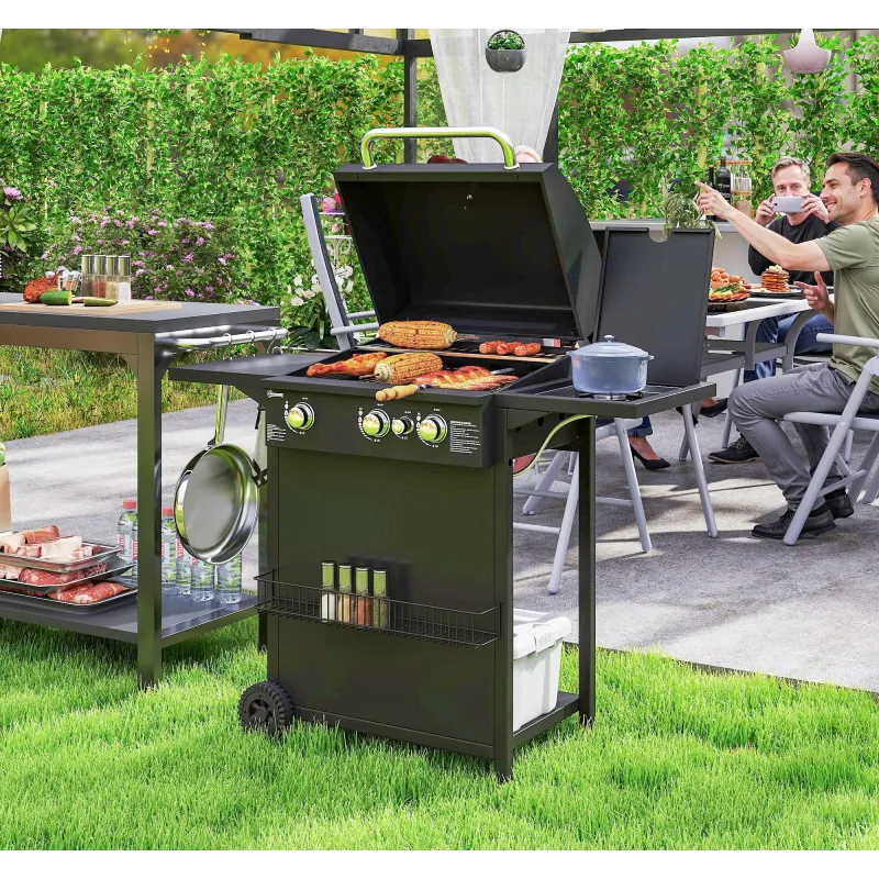 Barbacoa de Gas con 3 Quemadores Parrilla para 5-9 Personas Quemador Lateral Termómetro y Ruedas 123x58x98 cm Negro - Ogal.Es