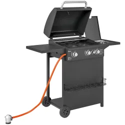 Barbacoa de Gas con 3 Quemadores Parrilla para 5-9 Personas Quemador Lateral Termómetro y Ruedas 123x58x98 cm Negro - Ogal.Es