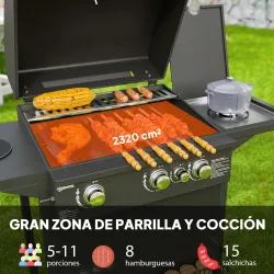 Barbacoa de Gas con 3 Quemadores Parrilla para 5-9 Personas Quemador Lateral Termómetro y Ruedas 123x58x98 cm Negro - Ogal.Es