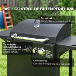 Barbacoa de Gas con 3 Quemadores Parrilla para 5-9 Personas Quemador Lateral Termómetro y Ruedas 123x58x98 cm Negro - Ogal.Es