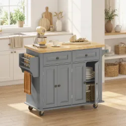 Isla de Cocina con Ruedas Mueble Auxiliar de Cocina con Especiero y Barra Lateral 111x44,5x82,5 cm Gris - Ogal.Es