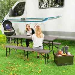 Conjunto de Camping Plegable de Mesa y Bancos Imitación Madera para Exterior 180x74x74 cm y 182x28x42 cm Marrón - Ogal.Es
