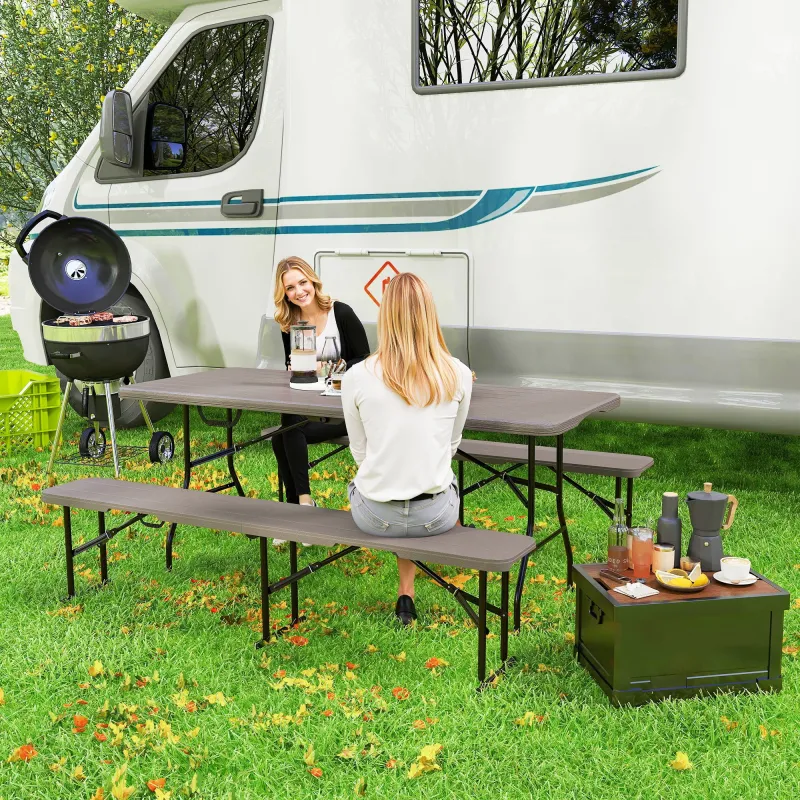 Conjunto de Camping Plegable de Mesa y Bancos Imitación Madera para Exterior 180x74x74 cm y 182x28x42 cm Marrón - Ogal.Es