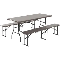 Conjunto de Camping Plegable de Mesa y Bancos Imitación Madera para Exterior 180x74x74 cm y 182x28x42 cm Marrón - Ogal.Es