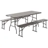 Conjunto de Camping Plegable de Mesa y Bancos Imitación Madera para Exterior 180x74x74 cm y 182x28x42 cm Marrón - Ogal.Es