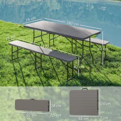 Conjunto de Camping Plegable de Mesa y Bancos Imitación Madera para Exterior 180x74x74 cm y 182x28x42 cm Marrón - Ogal.Es