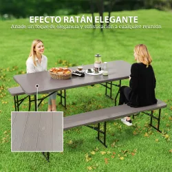 Conjunto de Camping Plegable de Mesa y Bancos Imitación Madera para Exterior 180x74x74 cm y 182x28x42 cm Marrón - Ogal.Es