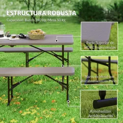 Conjunto de Camping Plegable de Mesa y Bancos Imitación Madera para Exterior 180x74x74 cm y 182x28x42 cm Marrón - Ogal.Es