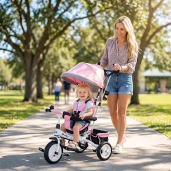 Triciclo Evolutivo para Niños +12 Meses con Toldo Plegable Mango de Empuje Telescópico y Cinturón de Seguridad Rosa - Ogal.Es