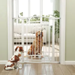 Puerta para Perros con Ancho Ajustable 76-104 cm Barrera de Seguridad para Perros con 2 Extensiones Blanco - Ogal.Es